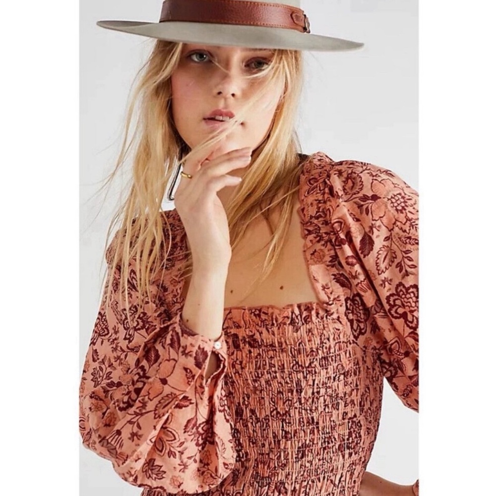 FREE PEOPLE Smock it to Me Floral On/Off Shoulder Mini Dress Coquette Milkmaid S - Picture 7 of 16
